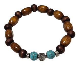 Handcrafted Boho Southwest Turquoise Wood Beaded Tree Charm Stretch Bracelet